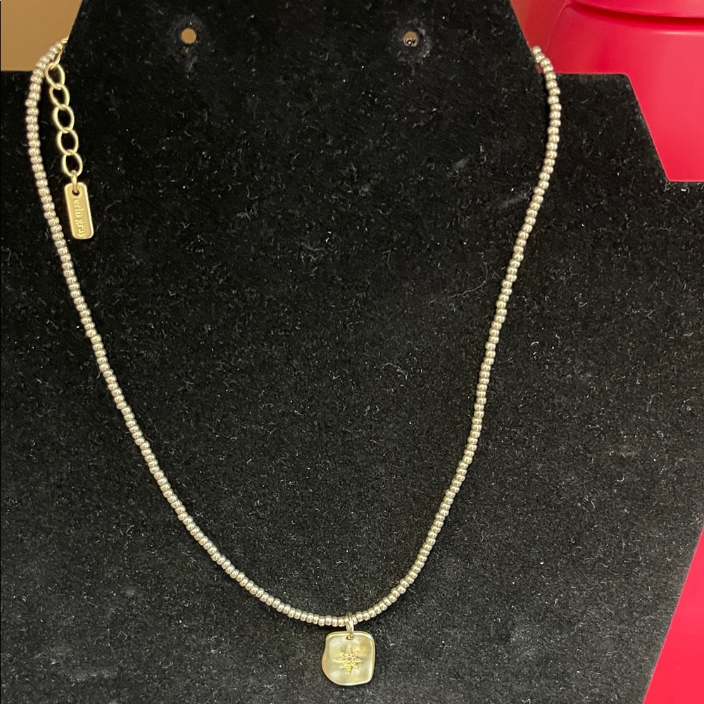 Erin Grey Gold Toned Bead Necklace w/Gold Toned Charm 14”w/2” extender Very Nice